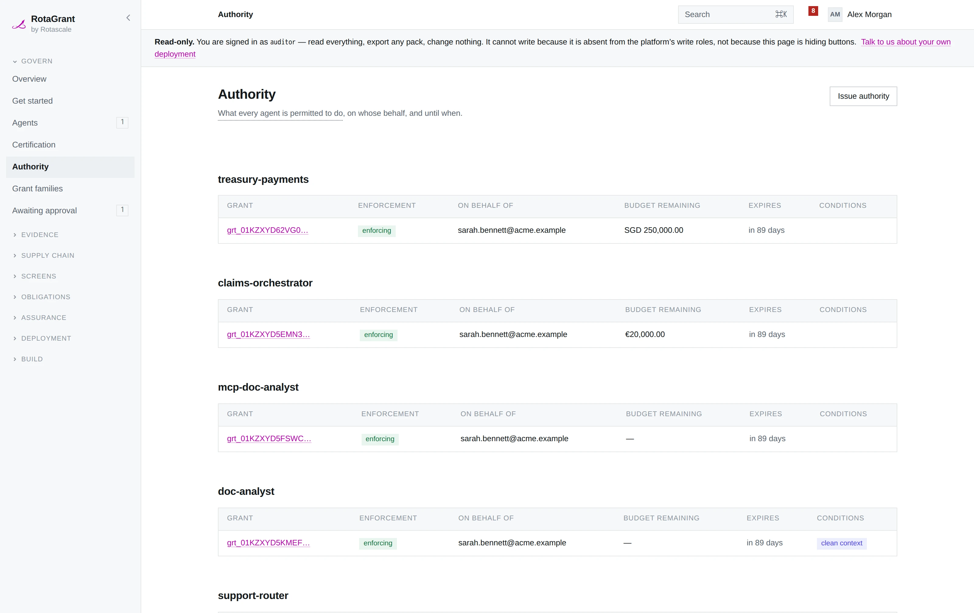 The Authority screen on the running demo, listing grants with their scope, window and remaining budget.